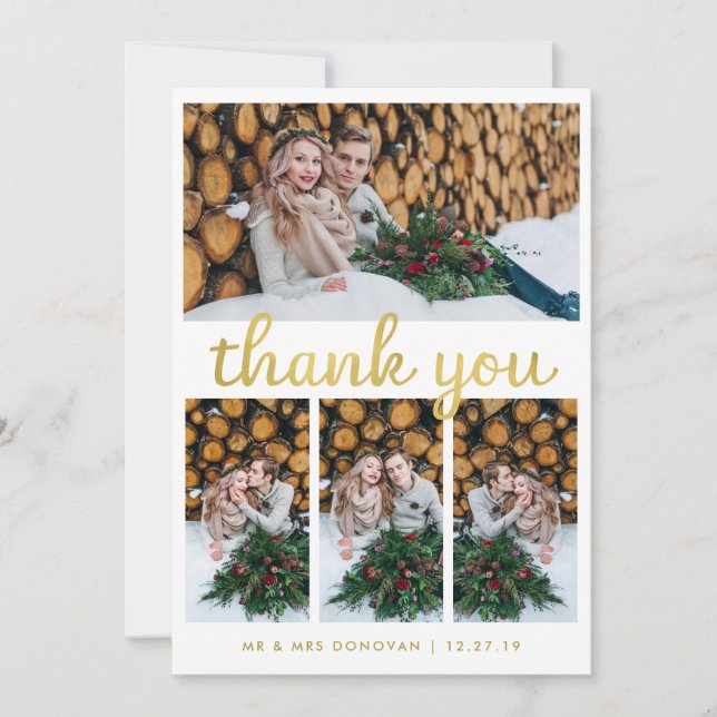 Rustic Wood and Gold Wedding Thank You | 4 Photo (Front)
