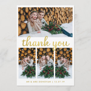 Rustic Wood and Gold Wedding Thank You   4 Photo Card