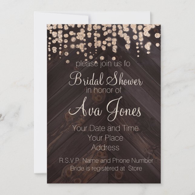 Rustic Wood and Golden Glitte Bridal Shower Invite (Front)