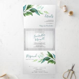 Rustic Wood and Greenery All In One Wedding Invite