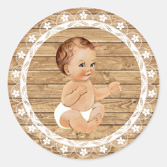 Rustic Wood and Lace Baby Shower Sticker. Classic Round Sticker (Front)