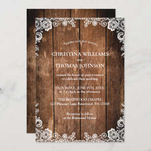 Rustic Wood and Lace Country Wedding Invitation