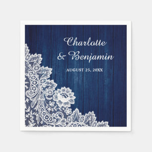 Rustic Wood and Lace Navy Blue Wedding Napkins
