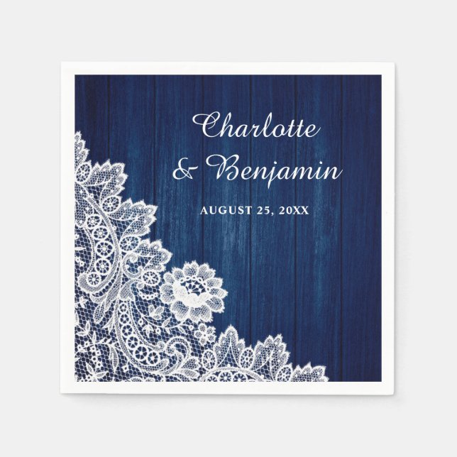 Rustic Wood and Lace Navy Blue Wedding Napkins (Front)