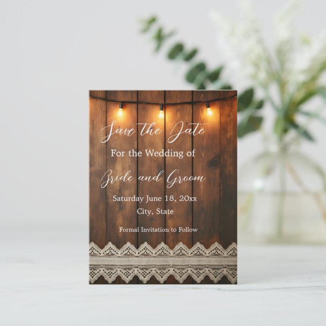 Rustic Wood and Lace Save the Date Postcard (Standing Front)
