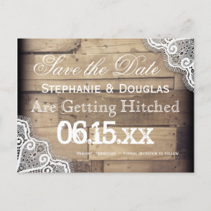 Rustic Wood and Lace Save the Date Postcards