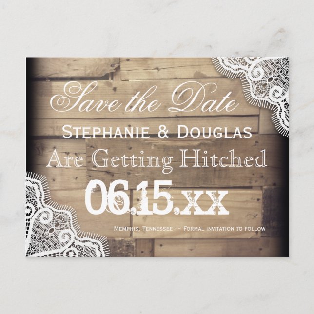 Rustic Wood and Lace Save the Date Postcards (Front)