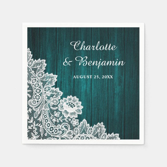 Rustic Wood and Lace Teal Wedding Napkins (Front)