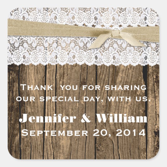 Rustic Wood and Lace Wedding Favour Sticker (Front)
