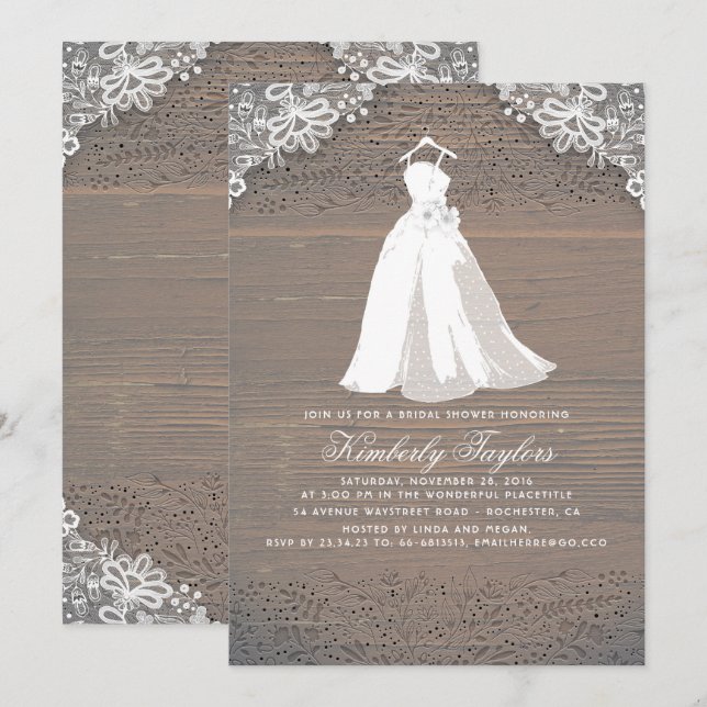 Rustic Wood and Lace | Wedding Gown Bridal Shower Invitation (Front/Back)