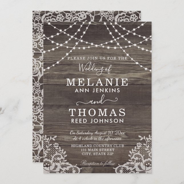 Rustic Wood and Lace Wedding Invitations, Country Invitation (Front/Back)