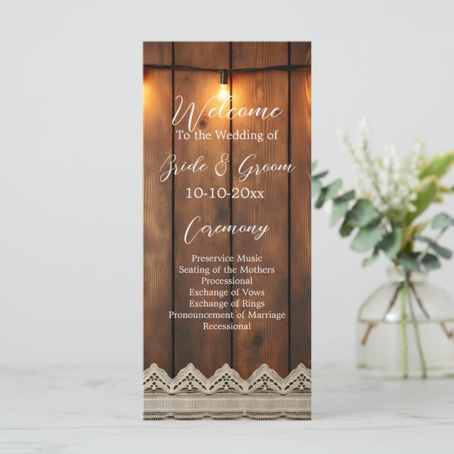 Rustic Wood and Lace Wedding Program (Standing Front)