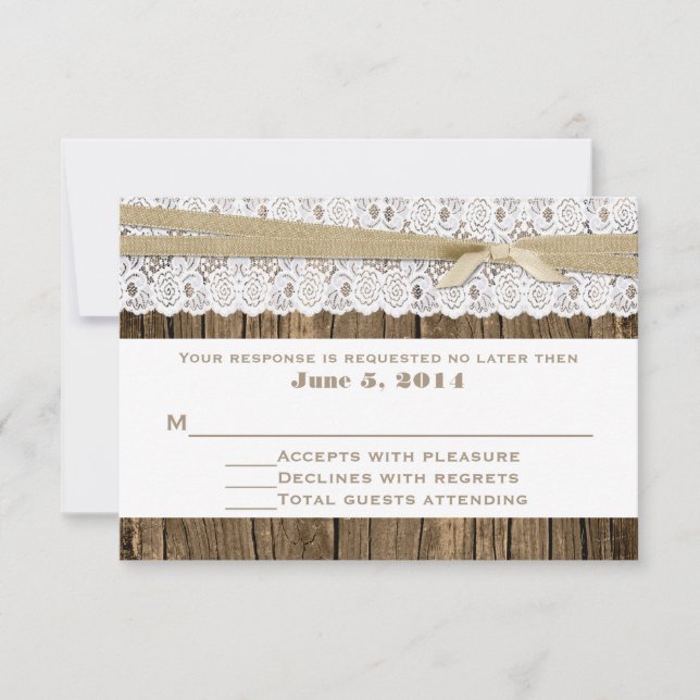 Rustic Wood and Lace Wedding RSVP Card (Front)