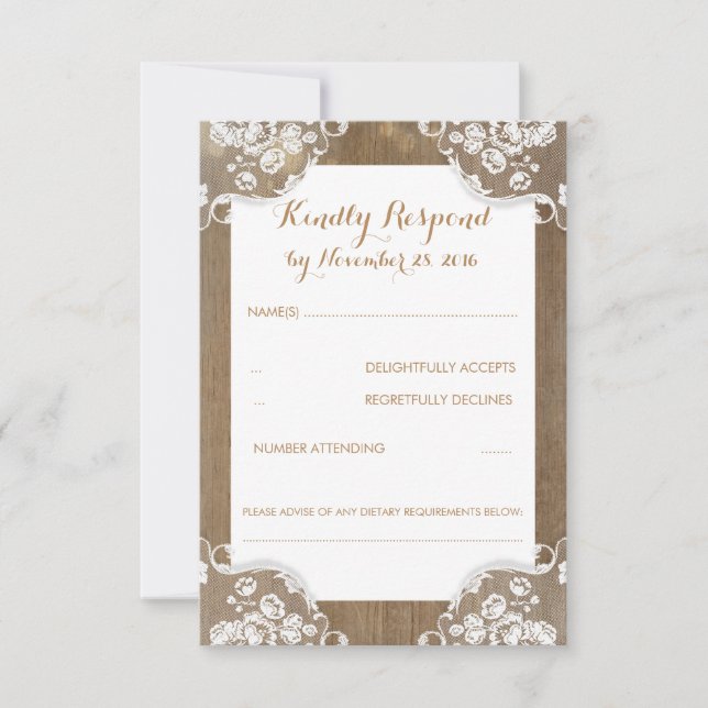 Rustic Wood and Lace Wedding RSVP Card (Front)