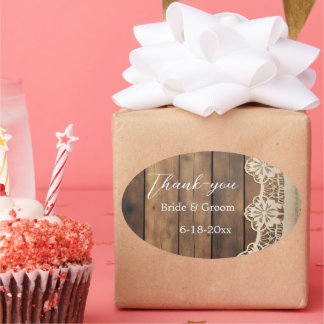 Rustic Wood and Lace Wedding Thank-you Sticker