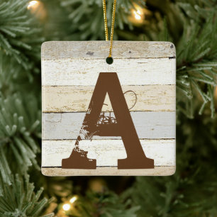 Rustic wood and letter ceramic ornament