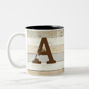 Rustic wood and letter Two-Tone coffee mug