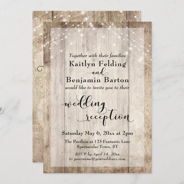 Rustic Wood and Light Strings Wedding Reception Invitation (Front/Back)