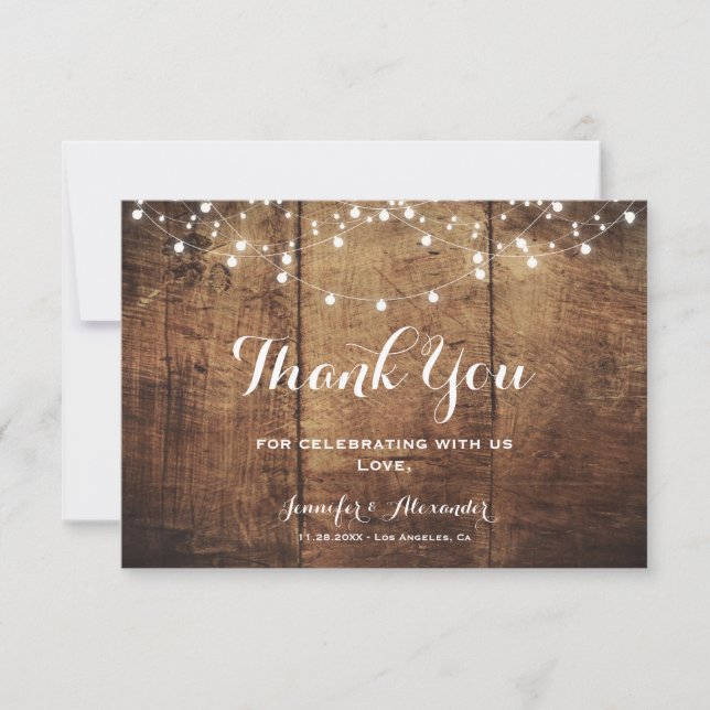 Rustic Wood And Lights Thank You Card (Front)