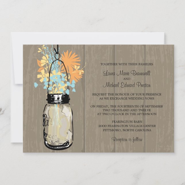Rustic Wood and Mason Jar Wildflowers Invitation (Front)