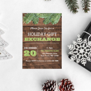 Rustic Wood and Pine Branches Holiday Invitation