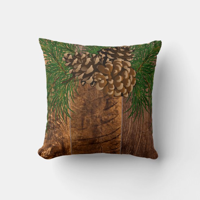 Rustic wood and  pine cone throw pillow (Front)