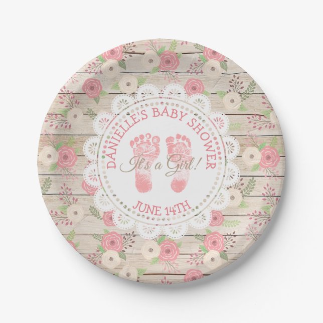 Rustic Wood and Pink Flowers cake  Paper Plates (Front)