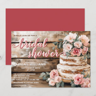 Rustic Wood and Pink Rose Cake Bridal Shower  Invitation