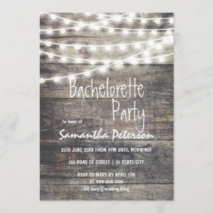 Rustic wood and string lights bachelorette party invitation