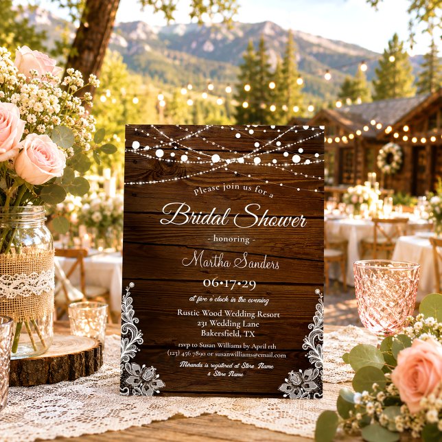 Rustic Wood and String Lights Lace Bridal Shower Invitation (Creator Uploaded)
