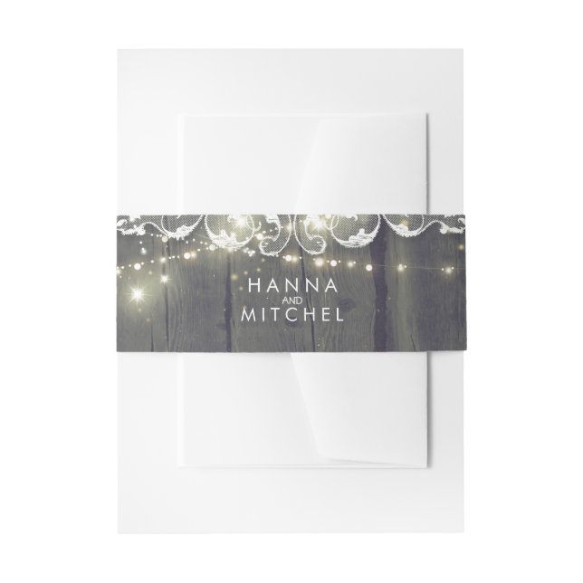 Rustic Wood and String Lights Lace Wedding Invitation Belly Band (Front Example)