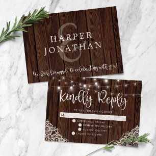 Rustic Wood and String Lights Lace Wedding RSVP Card