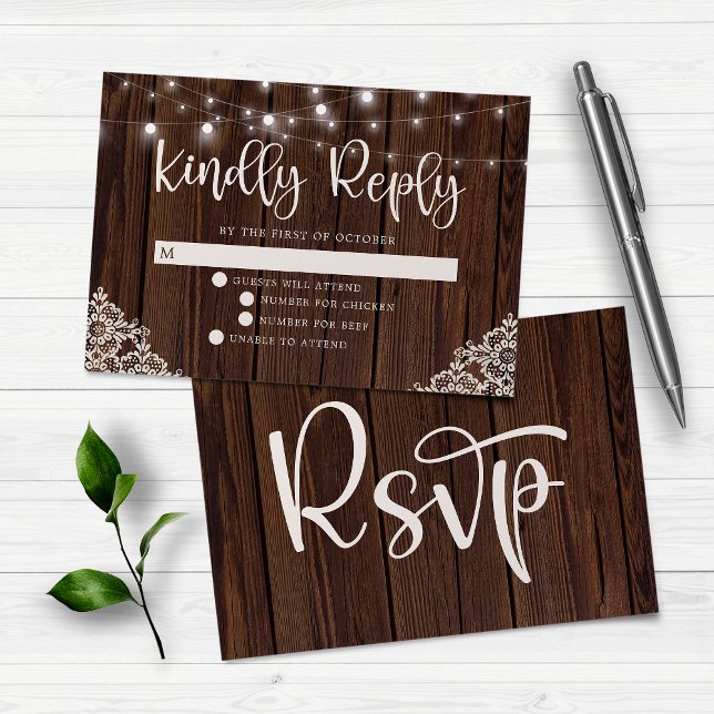 Rustic Wood and String Lights Lace Wedding RSVP Card (Creator Uploaded)