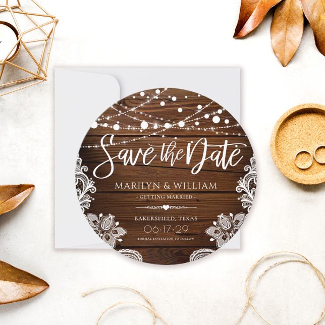 Rustic Wood and String Lights Lace Wedding Save The Date (Creator Uploaded)