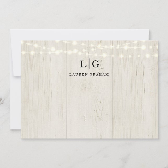 Rustic Wood and String Lights Monogram Initial Card (Front)