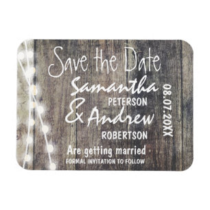 Rustic wood and string lights save the date magnet
