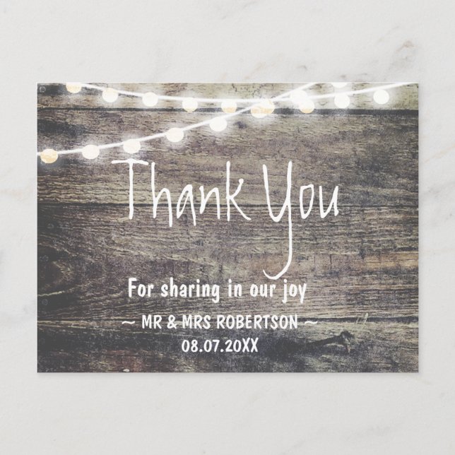 Rustic wood and string lights thank you postcard (Front)