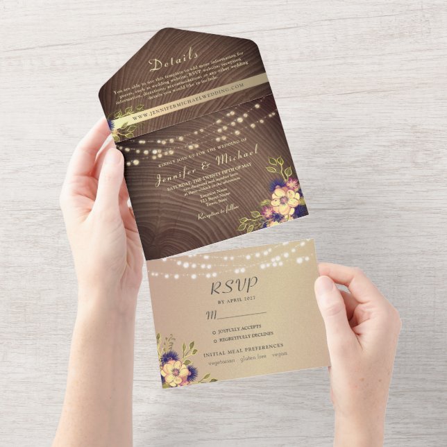 Rustic Wood and String Lights Wedding All In One Invitation (Tearaway)