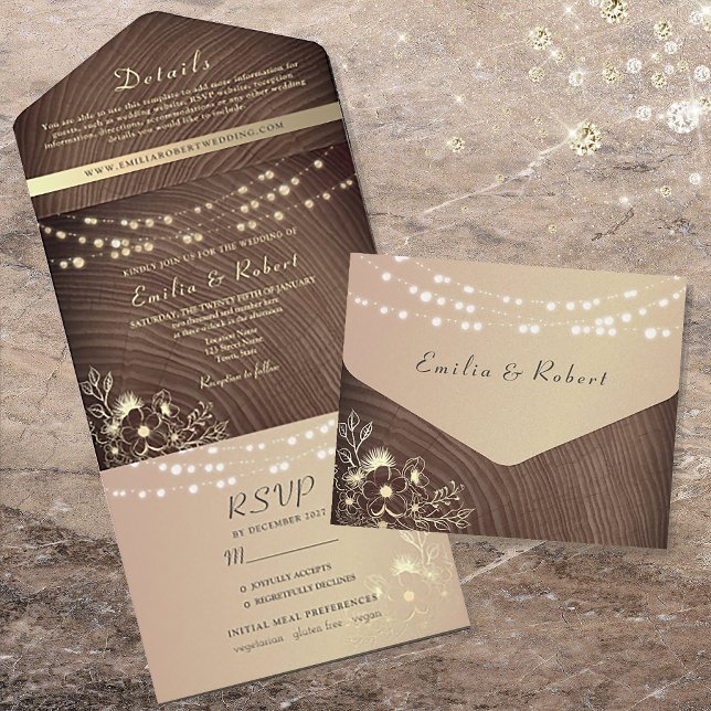 Rustic Wood and String Lights Wedding All In One Invitation (Creator Uploaded)