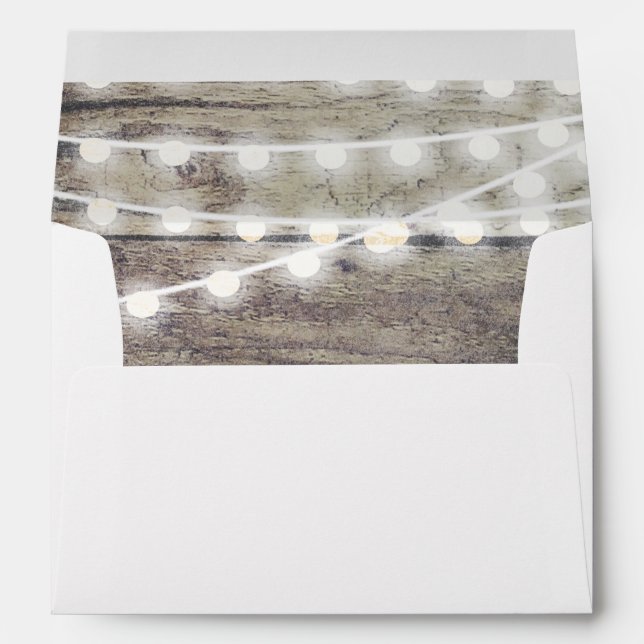 Rustic wood and string lights wedding envelope (Back (Bottom))