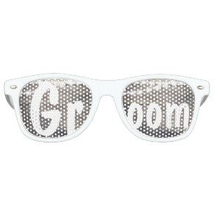 Rustic wood and string lights wedding Groom Retro Sunglasses