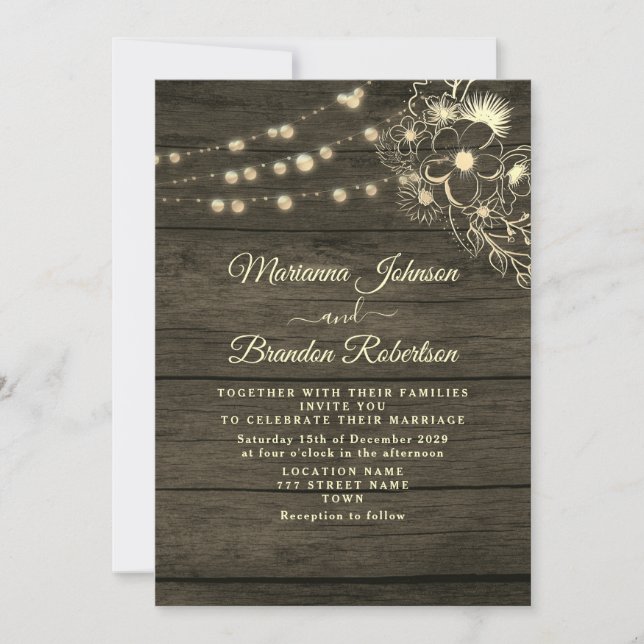 Rustic Wood and String Lights Wedding Invitation (Front)