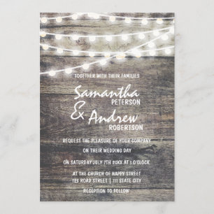 Rustic wood and string lights Wedding Invitation
