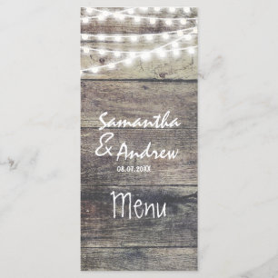 Rustic wood and string lights wedding menu