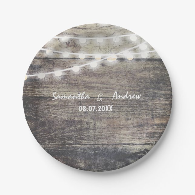 Rustic wood and string lights wedding paper plate (Front)