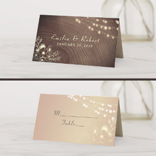 Rustic Wood and String Lights Wedding Place Card