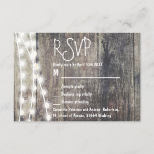 Rustic wood and string lights wedding RSVP Card