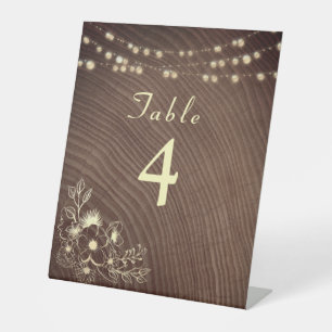 Rustic Wood and String Lights Wedding Table Number Pedestal Sign