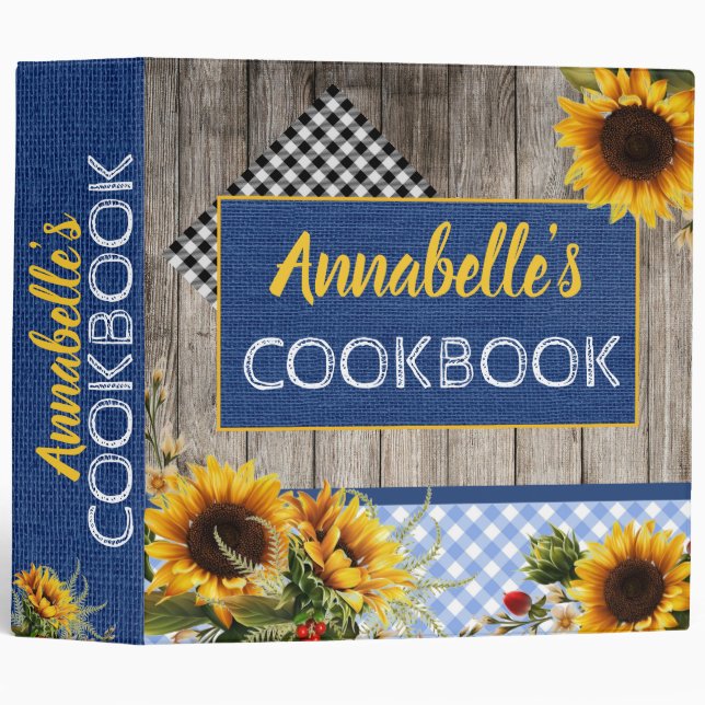 Rustic wood and Sunflower Personalized Cookbook Binder (Front/Spine)