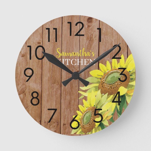 Rustic Wood And Sunflower Personalized  Kitchen   Round Clock (Front)